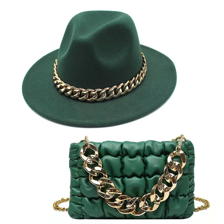 Hot sell Wide Brim Panama Hat Fedora Cap Oversized Chain Accessory Bag Hat  For Women Luxury New Hat Latest Chain Two-piece Set