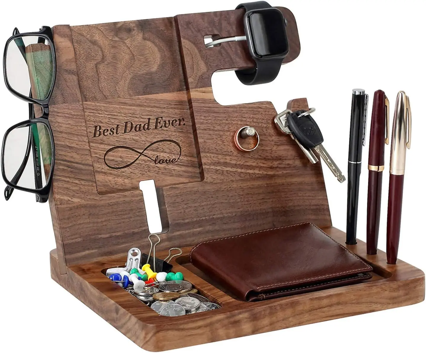 Engraved Ebony Wood Phone Docking Station  Nightstand with Key Holder, Wallet Stand and Watch Organizer to Father for Christmas
