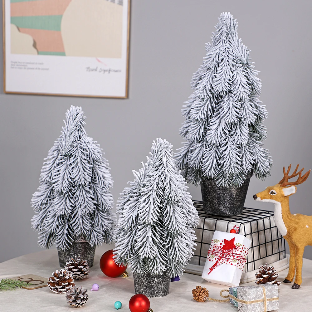 New design 30cm Small Christmas Table Top Tree with White Flocked PE Leaves Mini Christmas Tree Christmas Decorations