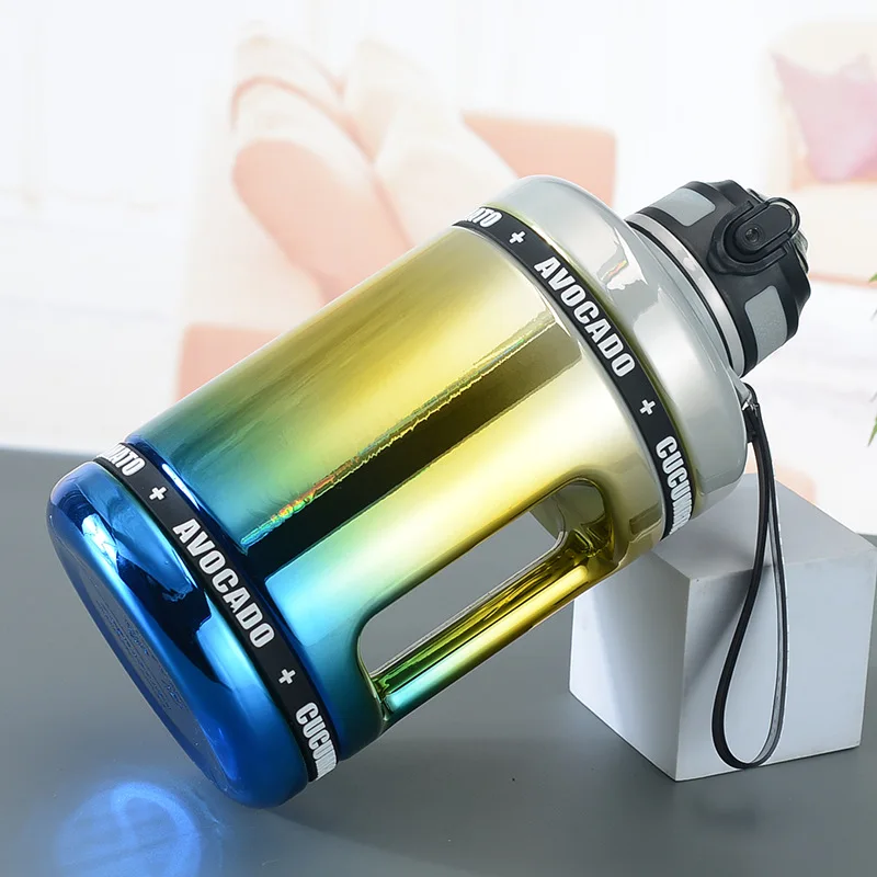 New Arrival Dazzling 2200ml  Large Capacity Double Wall Gym Sports Plastic Water Bottle With Straw And Handle