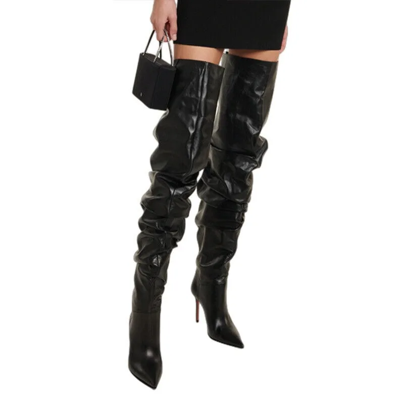 Factory Custom Luxury Womens Black Faux Leather Pleated Thigh High Over-the-Knee Pointed Toe High Heels Stiletto Boots