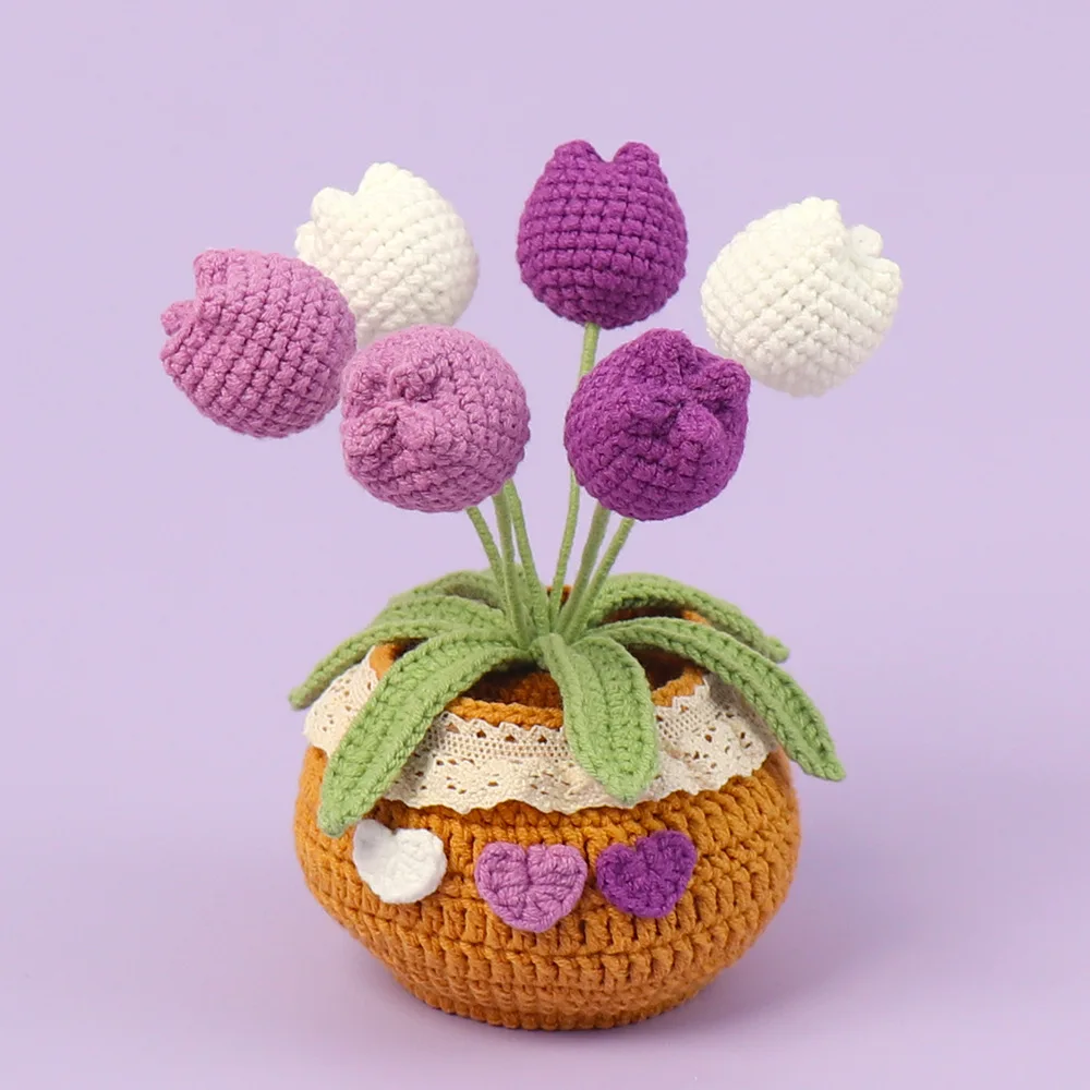 Handmade Knit Artificial Flower Wool Tulips Flower Car Desktop Decoration Crochet Potted Flower Valentine Mothers Day Gifts