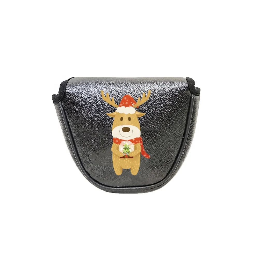 2022 Fine Quality Black Pu Leather With Print Cute Logo Customized Golf Club Headcover Putter Mallet Head Cover