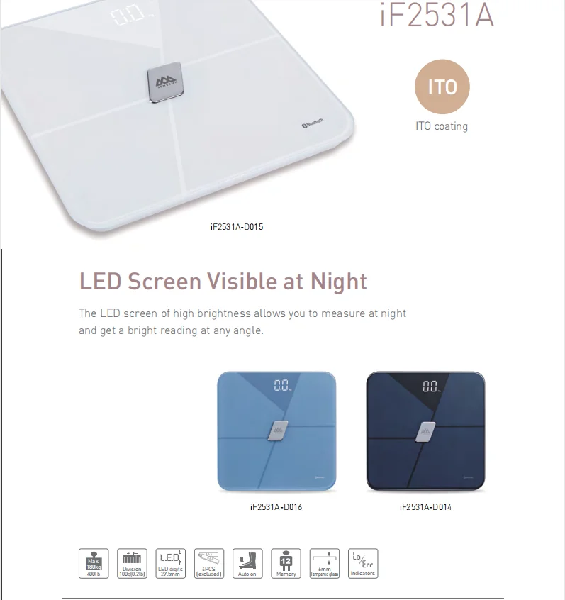 ITO Coating Digital Bathroom Scales, Smart Scale for Body Weight Analog Composition Measurements, Smart Body Fa Scalet