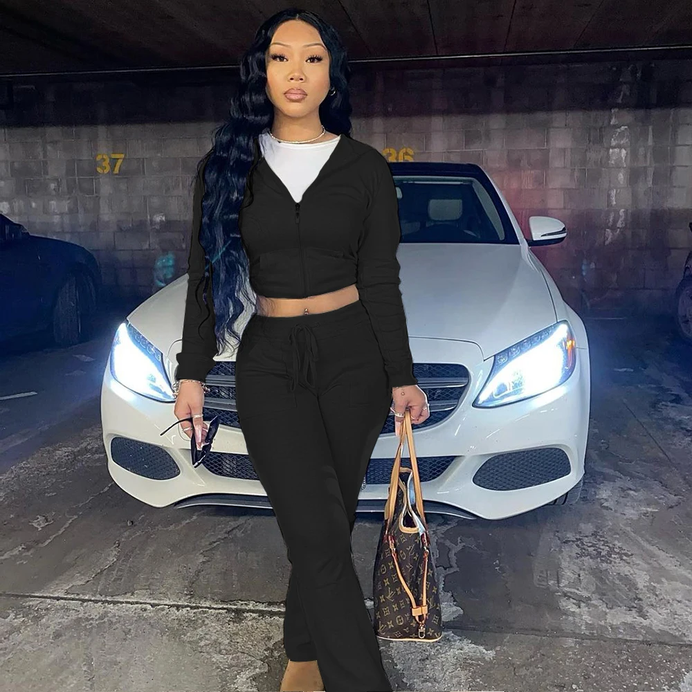 Autumn and winter new drawstring hooded multi pocket wide Wide Leg Pants German velvet women two-piece suit