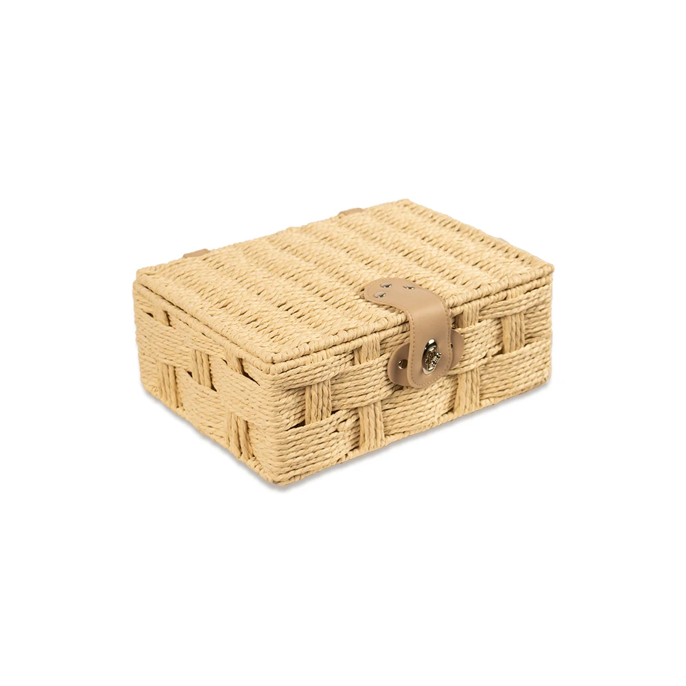 JY Small PP Paper Rattan Rectangular Storage Baskets Weave Woven Basket With Lid Serving Tray Toy Storage Baskets