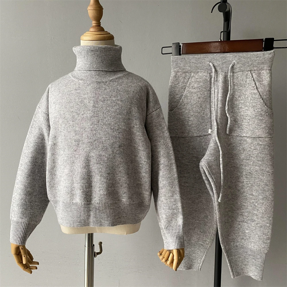 Children Baby Fall Outfits Turtleneck Pullover Knitwear Girls Boys Long Pants 2 Pieces Suit Custom Wool Knit Kids Sweater Set