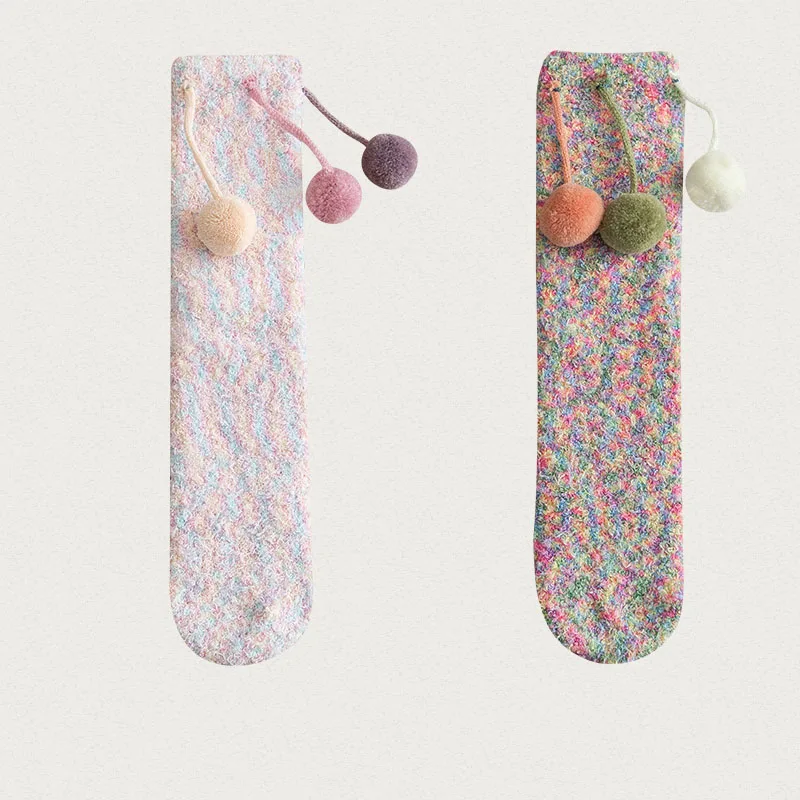 
Wholesale Knit Slipper with Pom Poms Fleece Bed for Women Cute Fluffy Fuzzy Grip Socks 