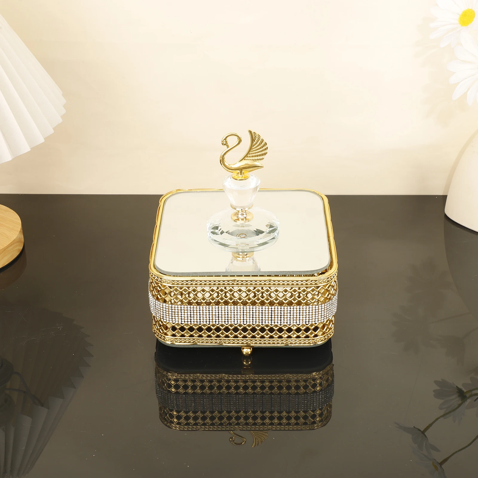 Luxury Vanity Home Decor Round Candy Box Arabic Style Ramadan Eid Gift Gold Glass Retro Antique Serving Mirror Tray With Lid