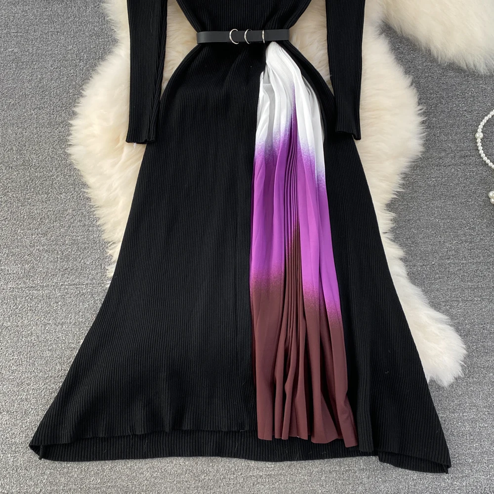 LE2685 Autumn Winter Knitted Dresses Factory Sweater Dresses Ladies Splicing Gradual Change Knitted Pleated Belted Swing Dresses