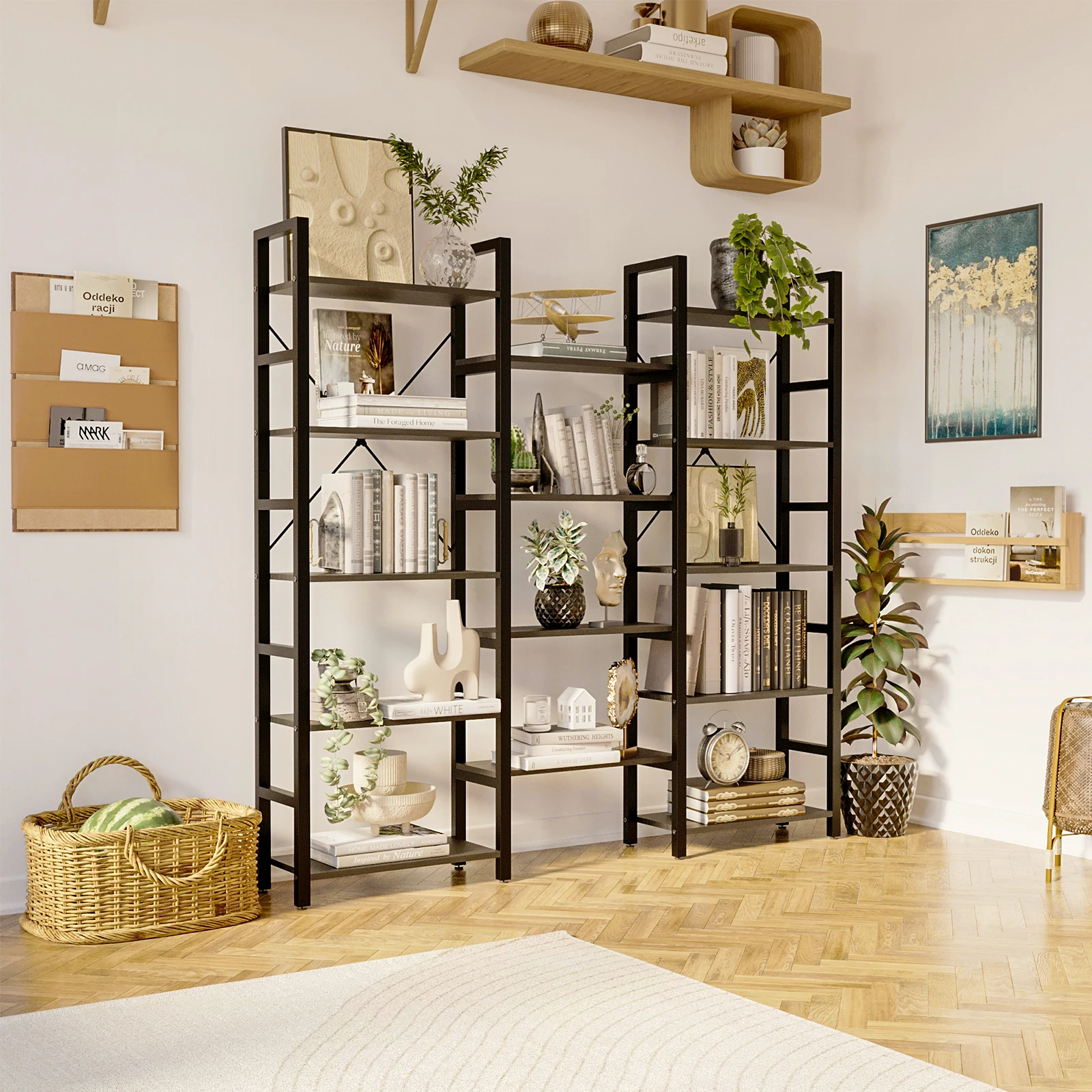 5-Tiers MDF Corner Bookshelf, Industrial Large Corner Bookcase, Wooden Book Shelves with Metal Frame for Living Room Home Office