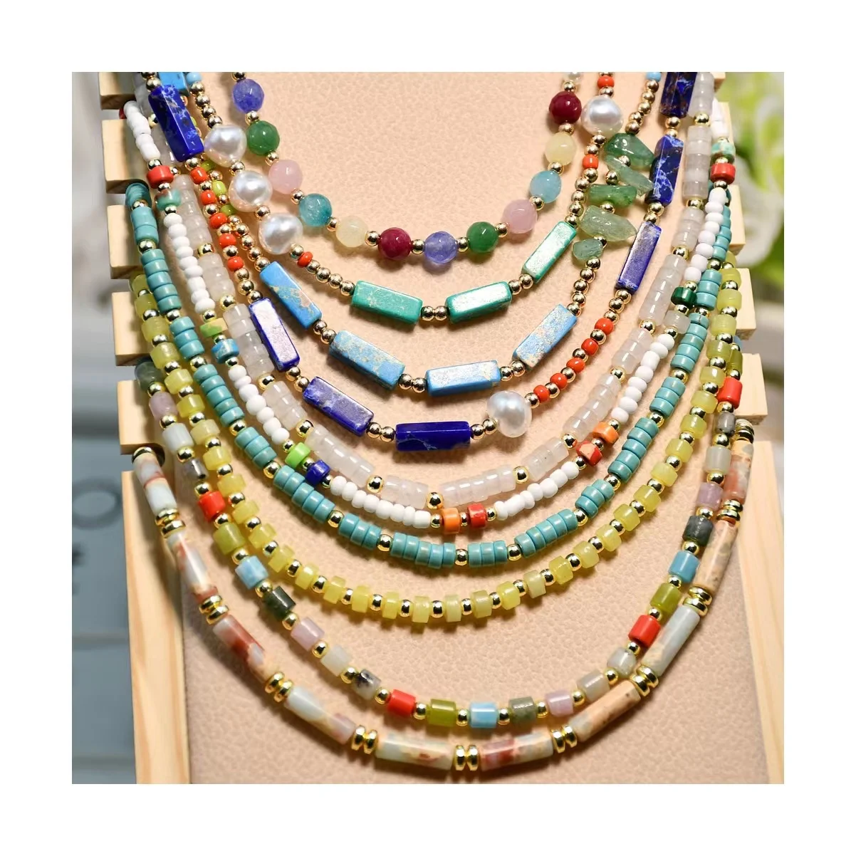 H&P summer semi-precious stone bead and pearl necklace beaded choker necklace beads necklace handmade