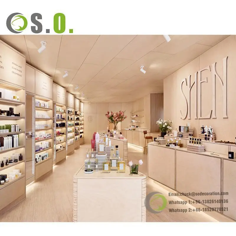 Skincare shop furniture adjustable cosmetic store shelf rack led makeup shelves for store cosmetic display shop interior design