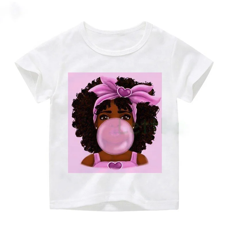 
Bubble Gum Melanin Black Girl Cool Funny Print White Hip Hop Harajuku Toddler Girls Korea Creative Kids T-shirt Fashion Cute Top 