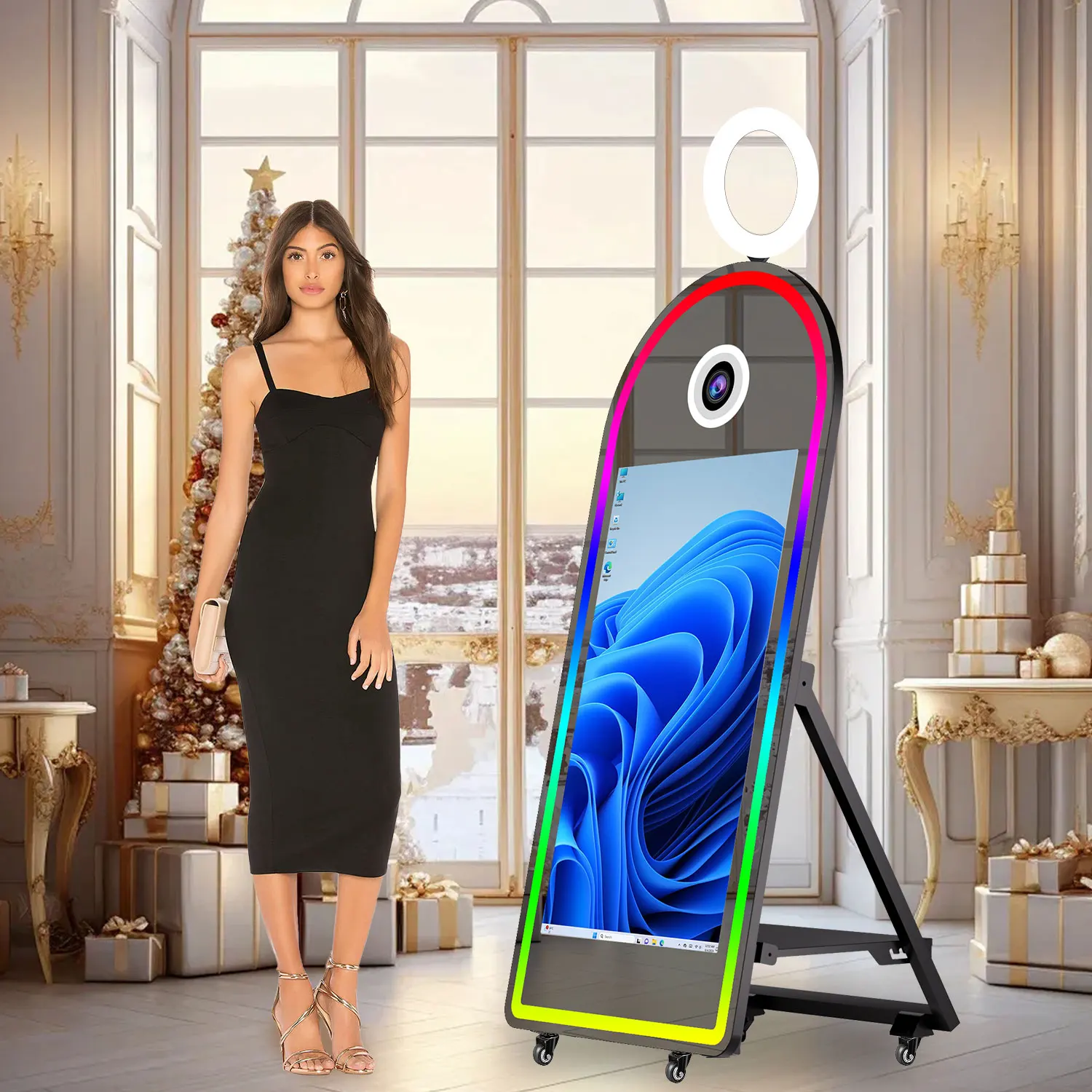 Camera   Arch Mirror Photo Booth With 43Inch Touch Screen Magic Mirror Photobooth With Printer For Party Wedding