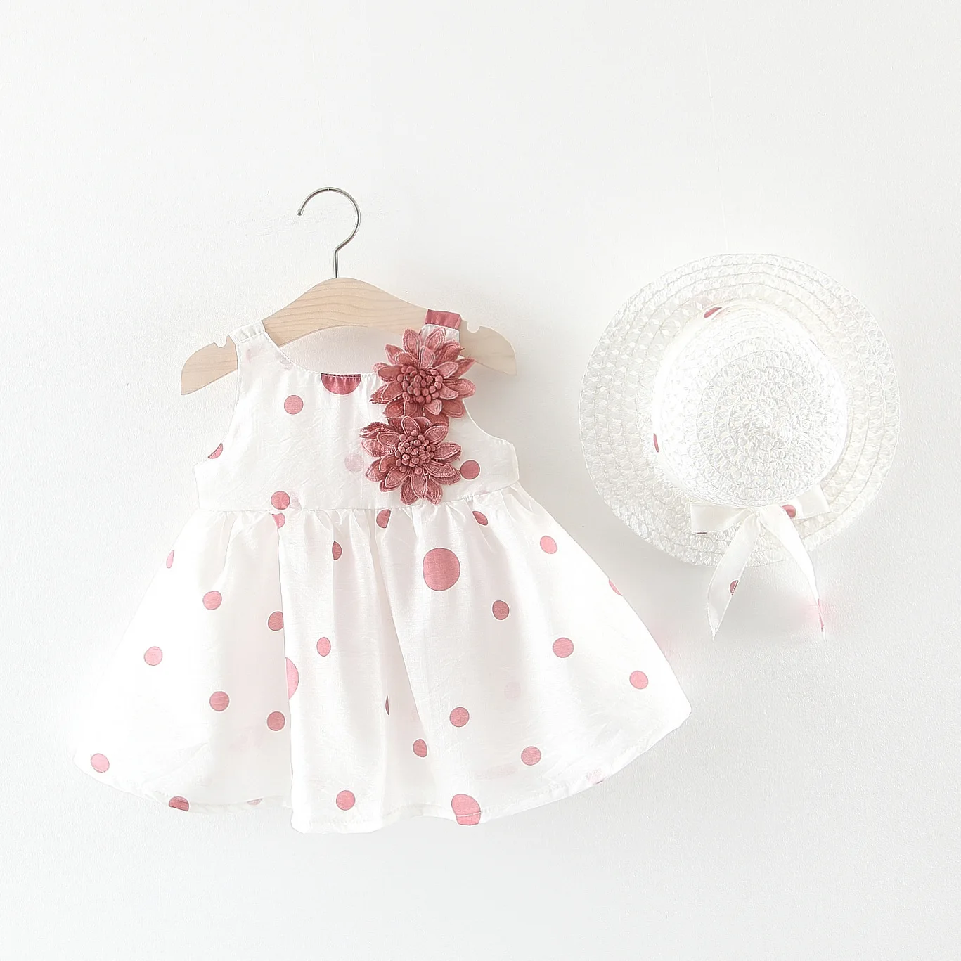 2022 Summer  Cute Sleeveless Polka Dots Cotton Baby Girl Dress+ Sunhat Toddler Baby Girl Clothes with a bow or a flower