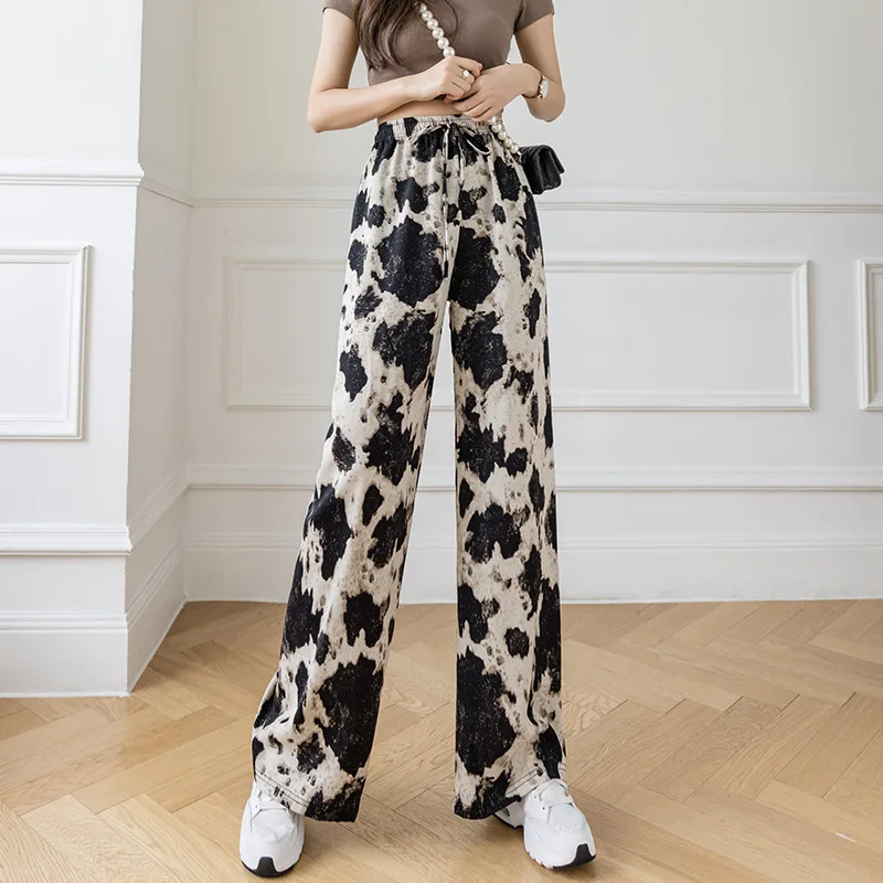 2022 Amazon Hot Selling High Waist Loose Lace-up Ink Painting Casual Pants Tie-dye Ice Silk Printed Harem Wide Leg Pants Women