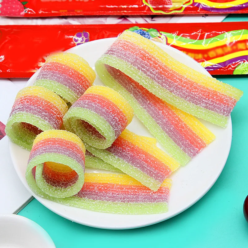 Creative Children Snack Food Fruit Sweets Gummy Candy Individual Package Delicious Colorful Sour Strip Rainbow Belts