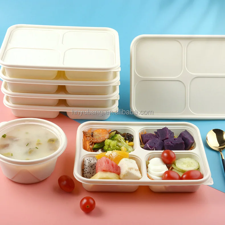 Environmentally Friendly Cornstarch Based 4 Compartment Disposable Lunch Box Rectangle 850ml