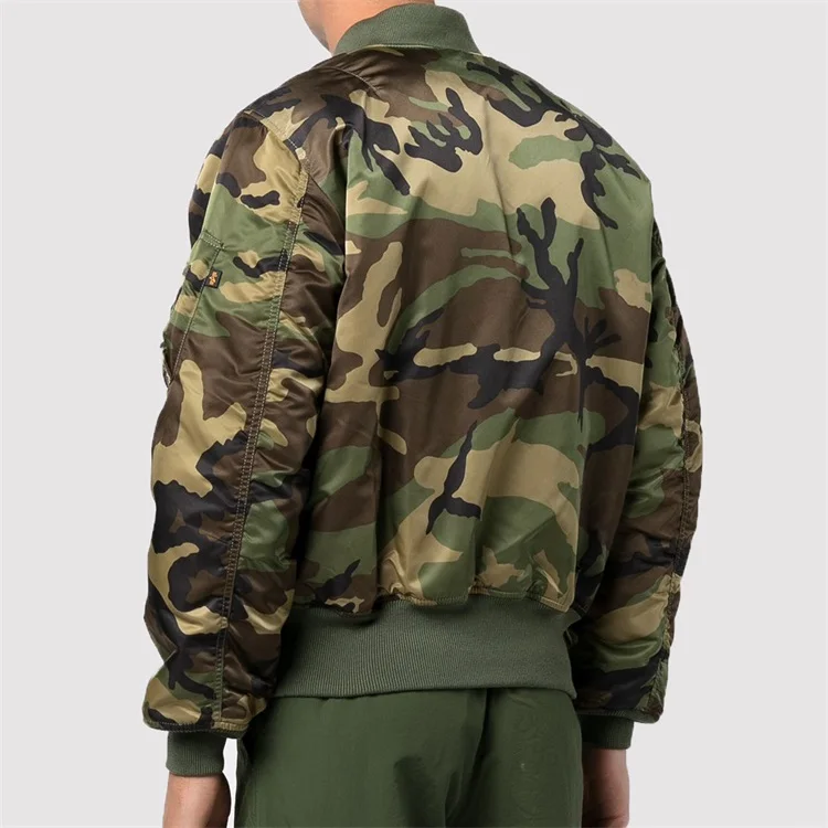 OEM custom camouflage printed elastic cuff zip trim reversible bomber jacket for men