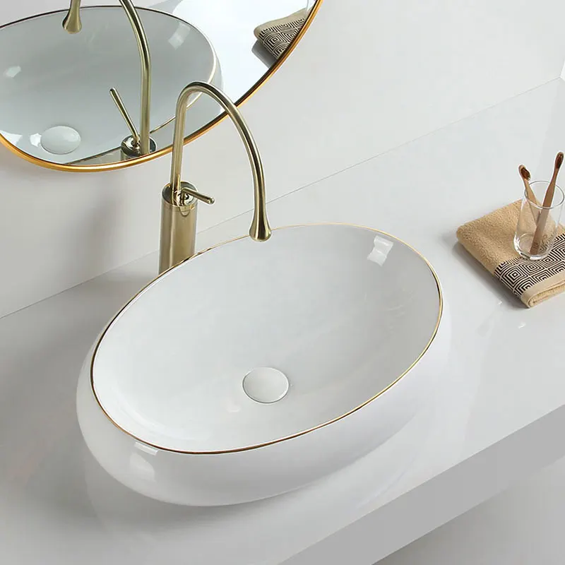 Single Vanity Bathroom Sink Set with Gold Finish Various Oval Design Specifications Vanity Countertop for India Market