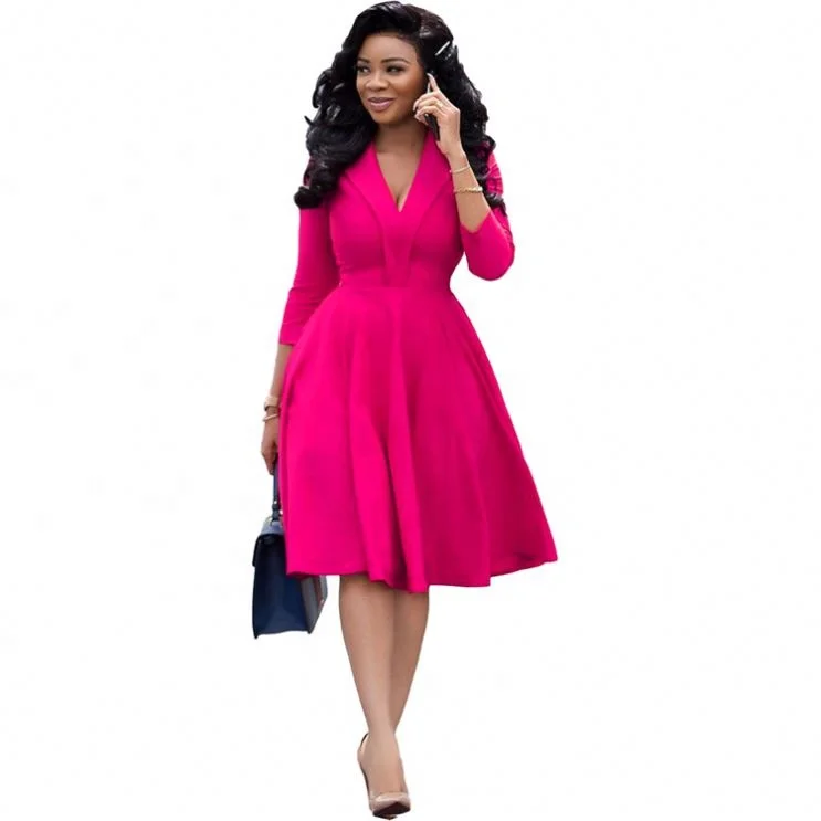 Fashion long sleeve solid color dark v neck pleated dress ladies office wear designs 819-0006