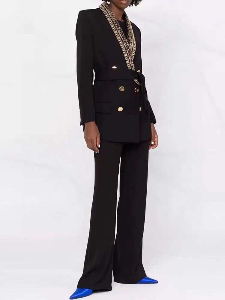 H3295 Customized Office Lady V-Neck Double Beaded Outfit Black Full Sleeves Blazers Ladies Women