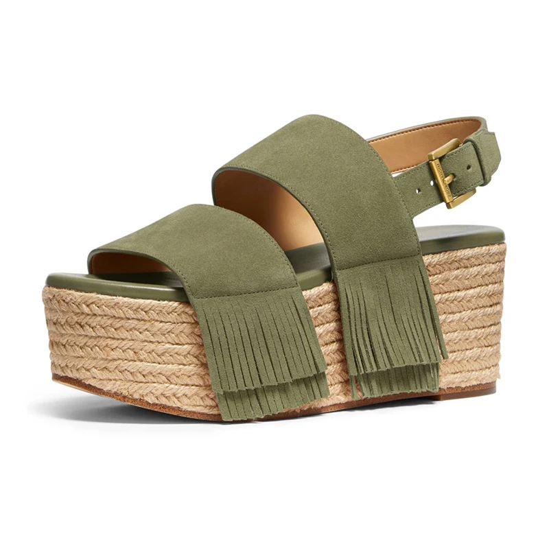 Summer Open Toe Buckle Green OEM Rope Espadrilles Women High Platform Sandal