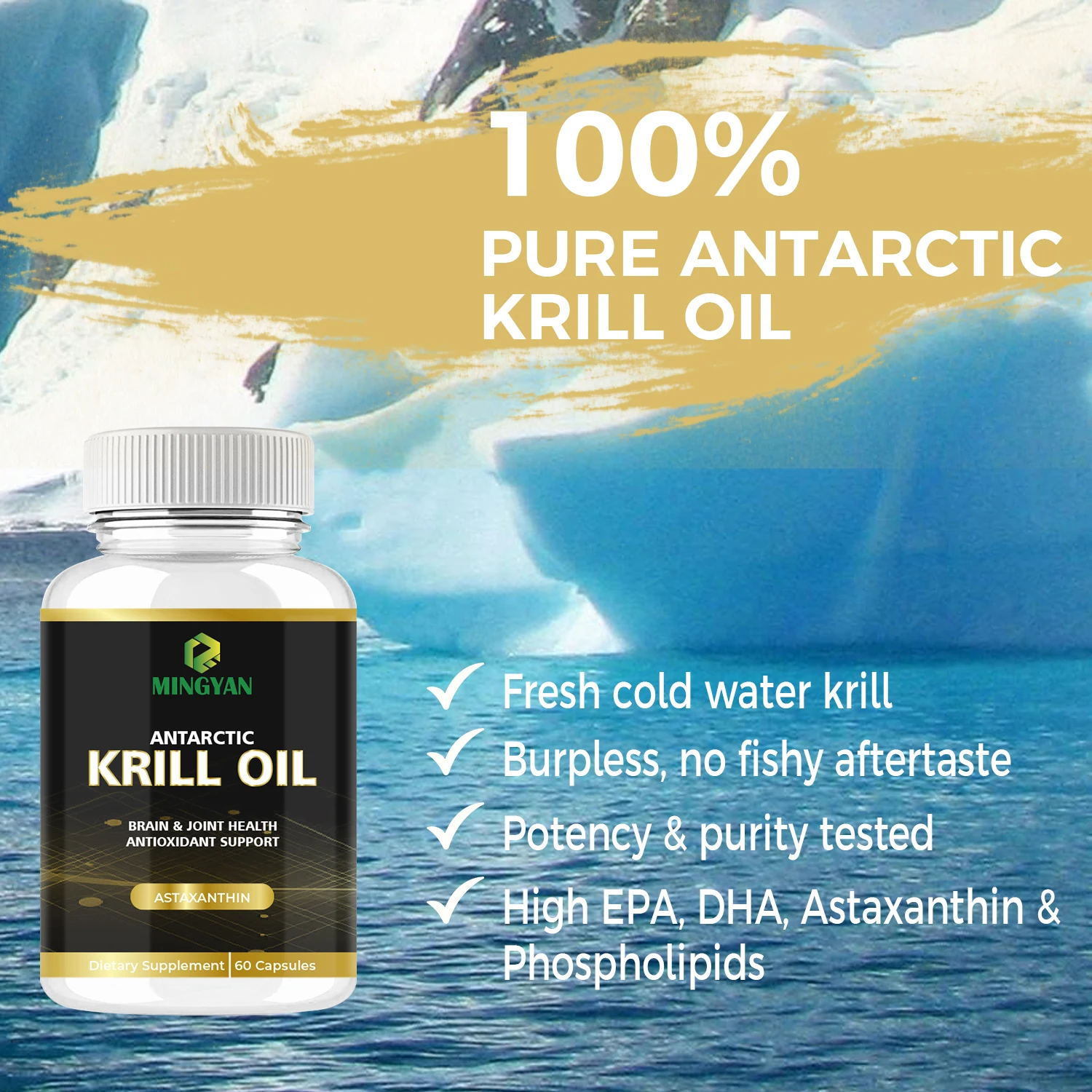 OEM/ODM Krill Oil Omega 3 Fatty Acid Supplements 1250 mg, High EPA DHA & Astaxanthin Concentration for Brain, Joint Health