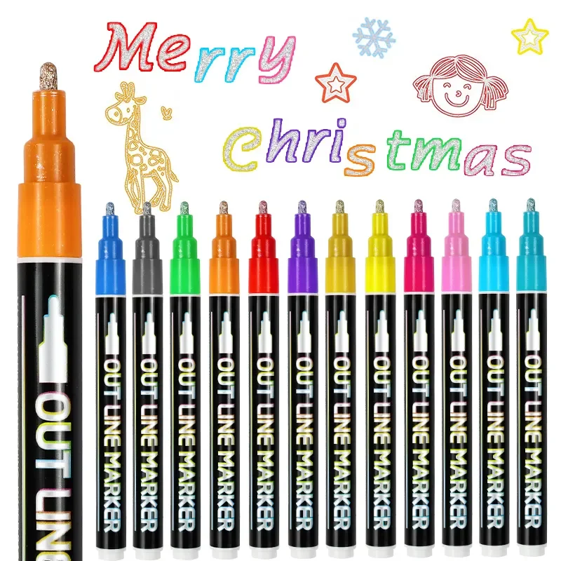 12 Pieces Double Line Pen Markers Outline Marker For Glass,Metal,plastic etc