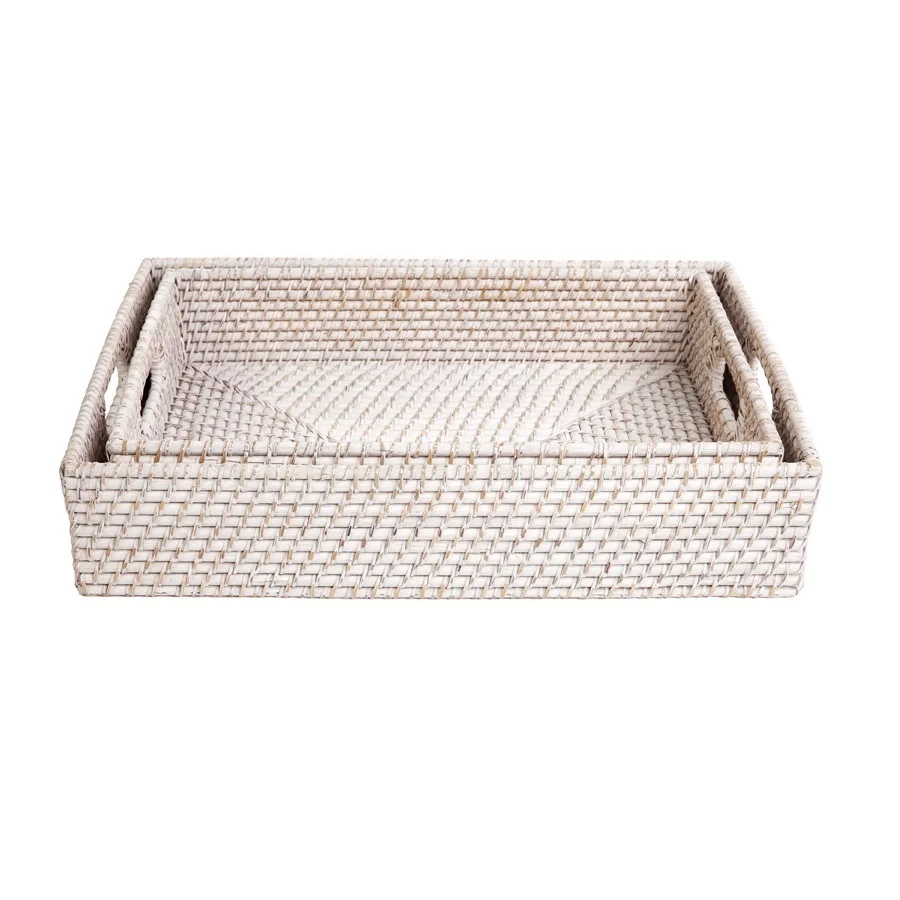 White Rectangular 100% Natural Rattan Trays Wicker Rattan Baskets