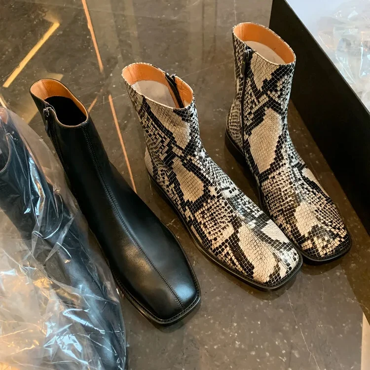 Xinzirain Wholesale Ladies Heel Wide Fit Square Toe Snake Print Genuine Leather Low Heel Women Ankle Boot