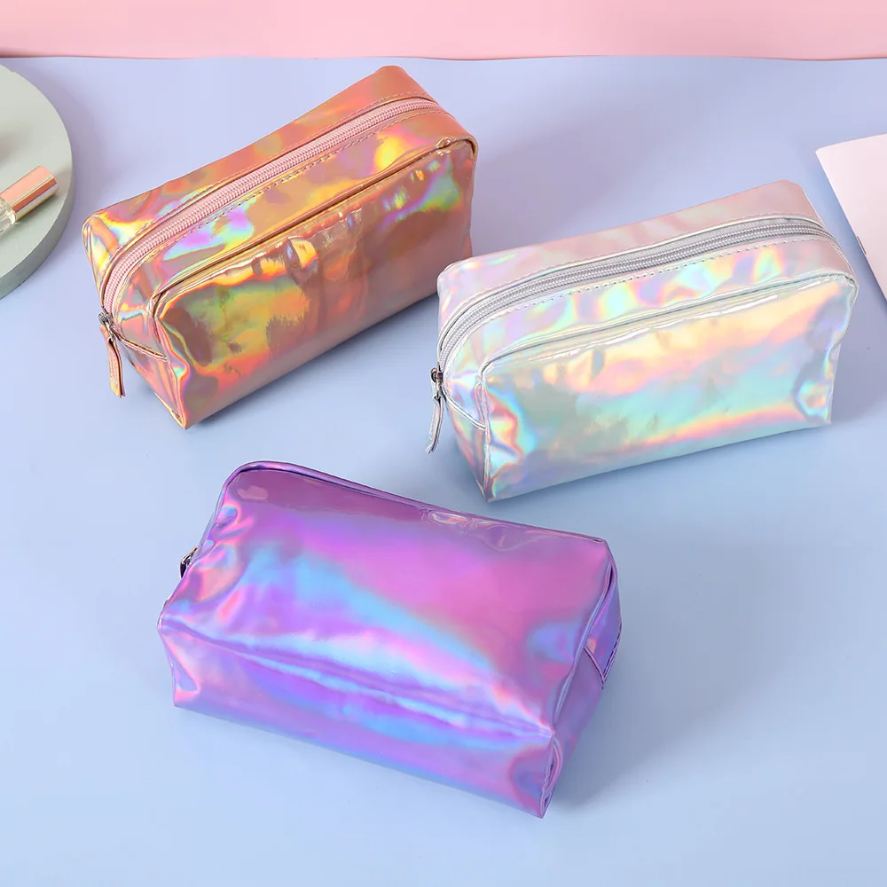 50 piece Customized Logo PU cosmetics bag waterproof holographic makeup bag silver case rose gold cosmetic pouch