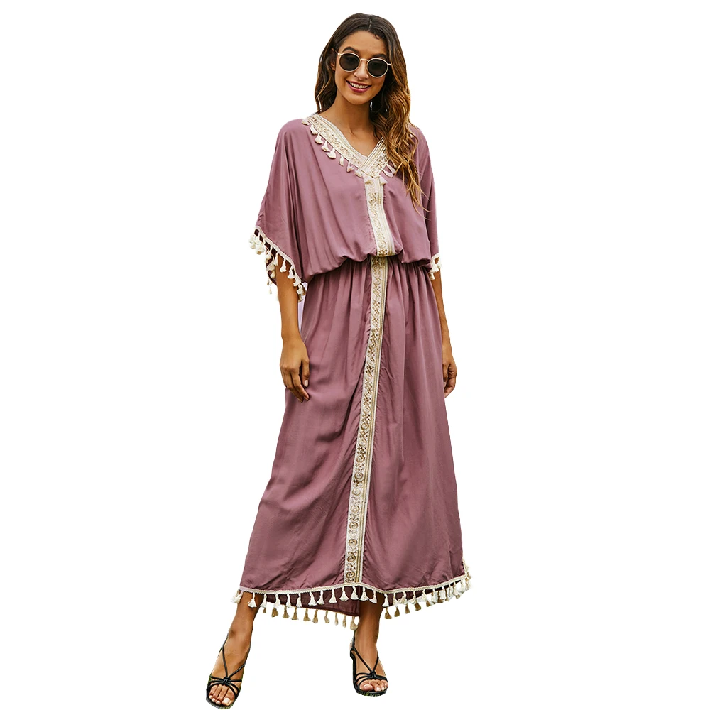 Hot Sale Eid Islamic Clothing Solid Muslim Jalaba Ramadan Tight Waist Dresses Dubai Tassel Jalabiya For Women
