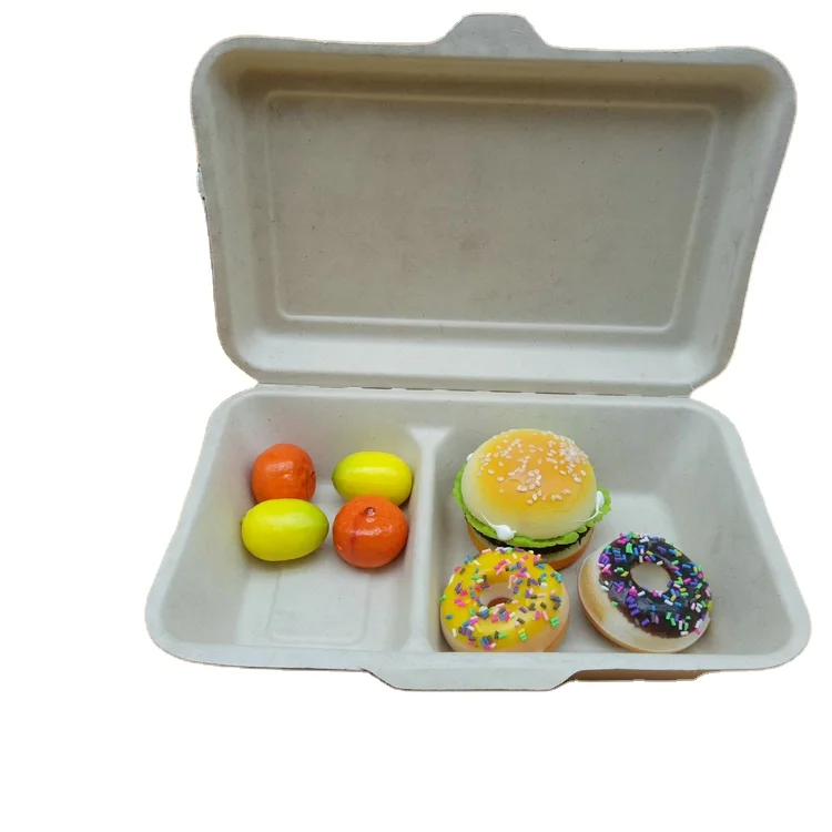 
100% compostable food packaging bagasse 2 compartment clamshell lunch box containers 