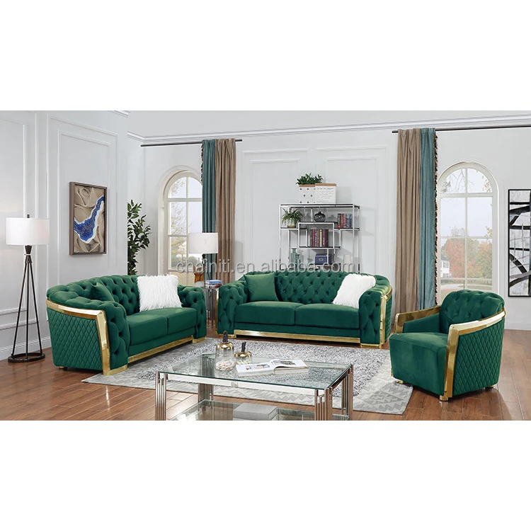 Modern Popular Beige Color Luxury Button Living Room Home Sofa Tufted Upholstered Stainless Steel Wooden Frame Sofa