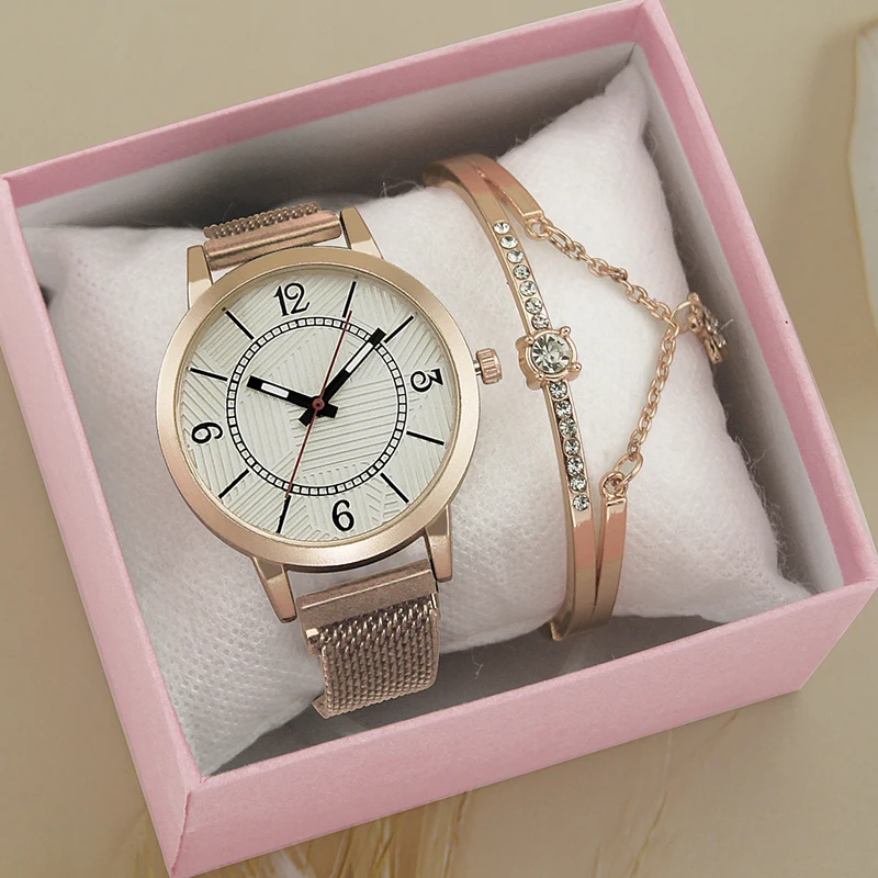 Luxury 2pcs Set Women Watches Rose Gold Bracelet Mesh Rhinestones Magnet Quartz  Ladies Female Numerals Watch