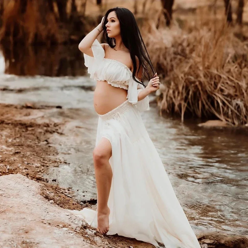 Maternity Dresses Off-shoulder White Photography 2 Pcs Suit Elegant Casual Chiffon Pregnancy Photo Shoot Women Long Slit Dress