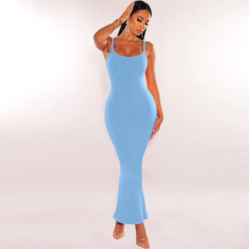 B27535 - modern rib knit sleeveless plain halter simple bodycon casual long dresses for women