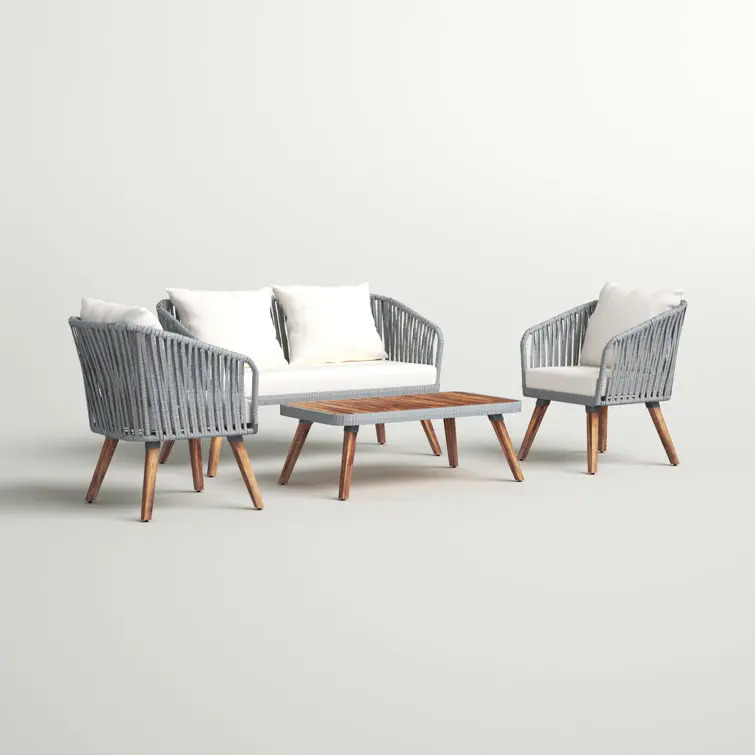 Solid Acacia Wood Outdoor Furniture Set 4-Person Patio Seating Set With Cording-Wrapped Arms