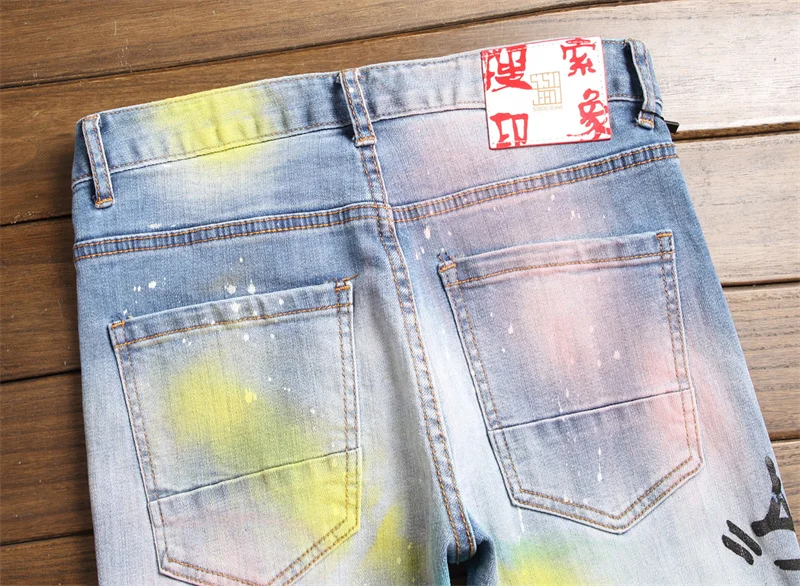 2023 Fahion Wholesale Skinny Stretch Slim Fit Jeans Men Biker Style Ink Jet Pants Trousers OEM Custom Jeans Colored Mens Jean