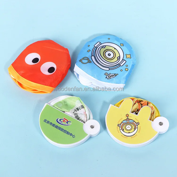 foldable nylon hand fan with bag round pocket pop up foldng fan gift handheld fabric fan for summer outdoor activity