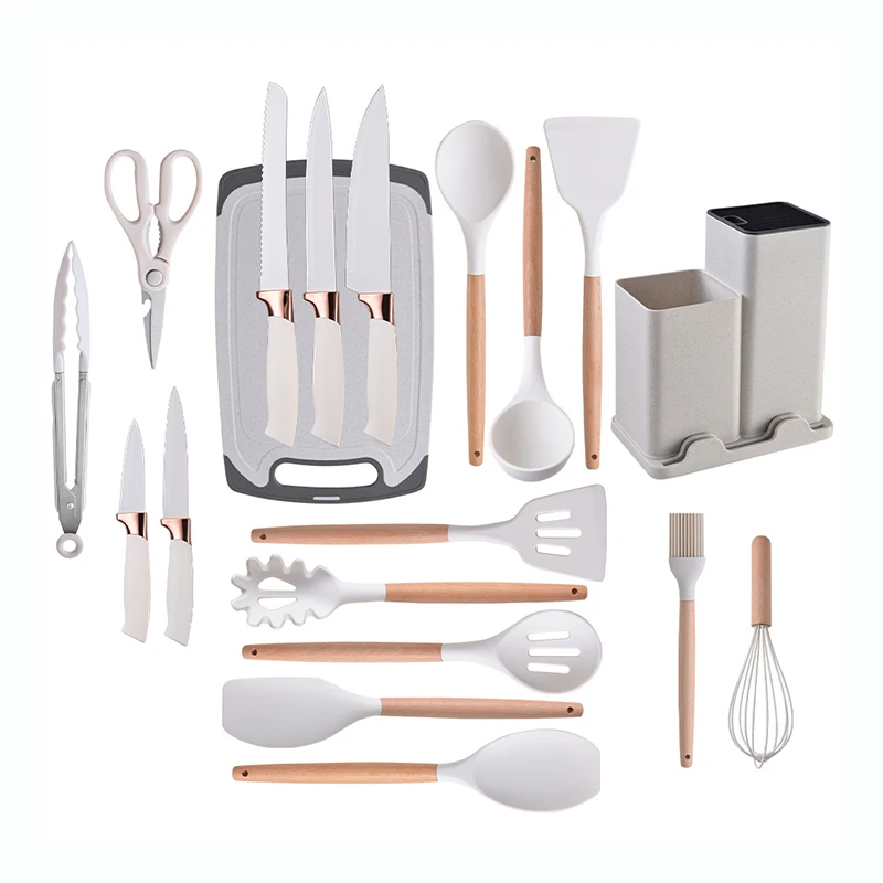 19 PCS Heat Resistant BPA Free Colorful Silicone Kitchen Cooking Utensil Set Wooden Handles Kitchen Tools Spatula Set