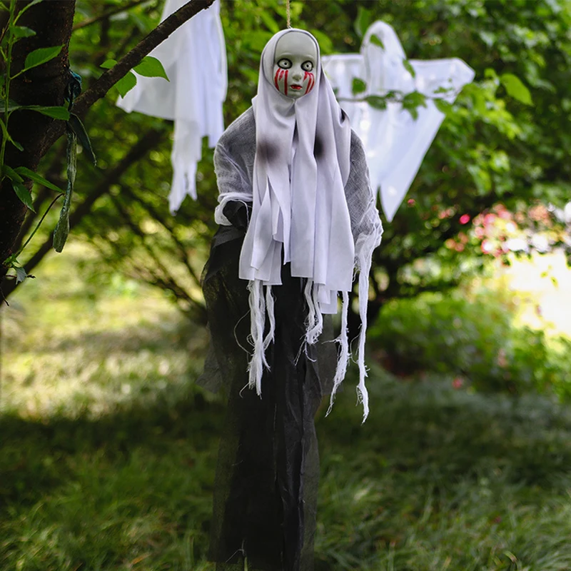 1pcs Halloween Hanging Ghost Horror Decoration Props Skull Head Eyes Bleeding Female Ghost Door Curtain Hanging Decor for Home