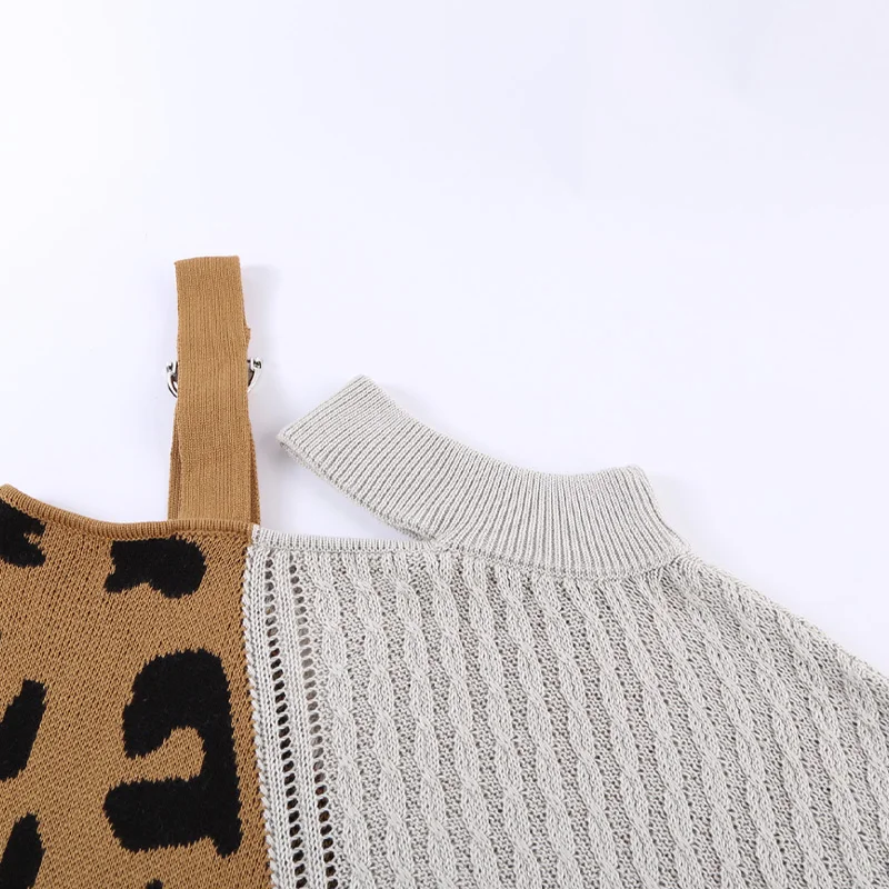 Hot Sale Fall 2022 Women Clothes Long Sleeve Asymmetrical Leopard Crochet Design Ugly Sweater Women