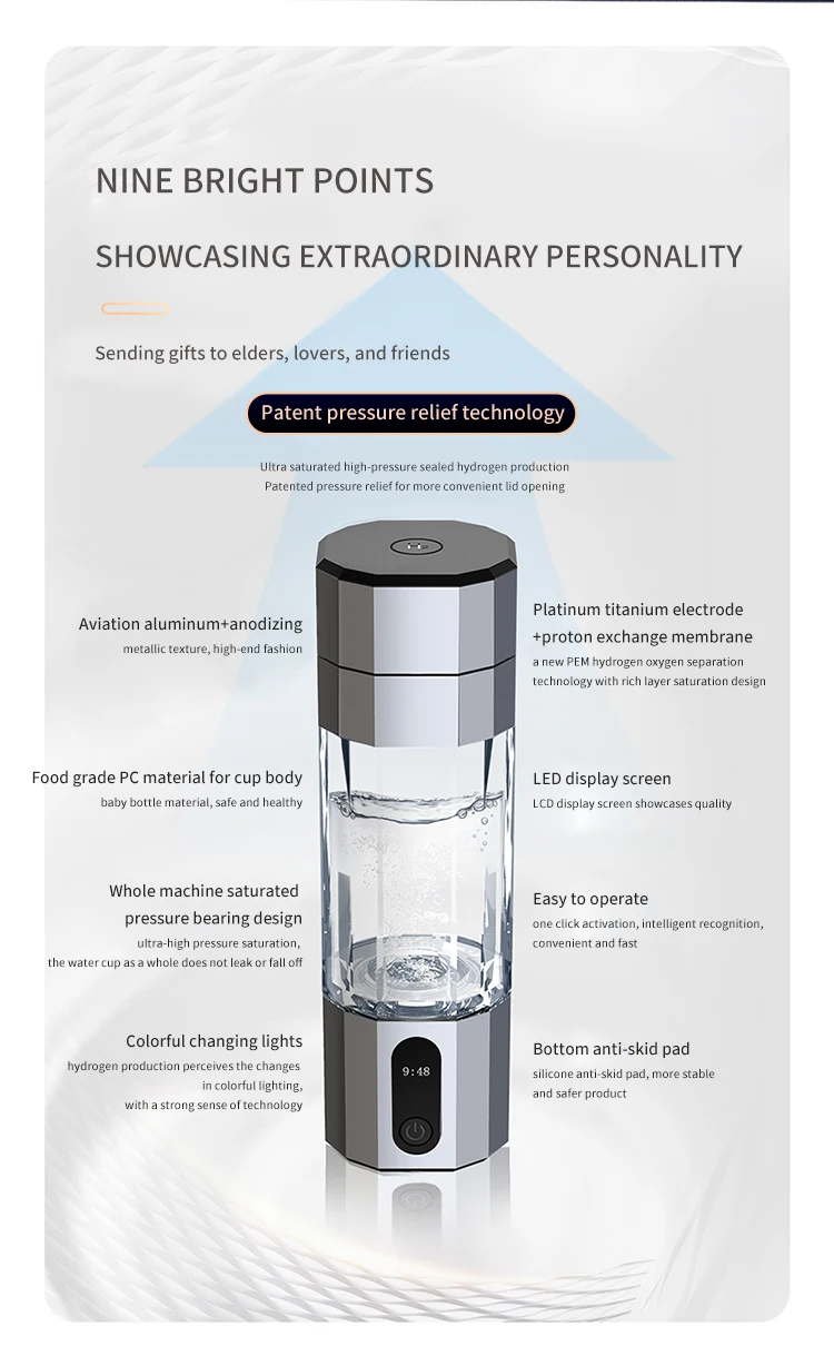 SPE Portable Hydrogen Water Bottle Colorful and Customizable 6000/10000 Ppb USB Powered Type Cold for Household Use