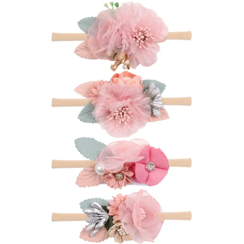 
Factory Directly Baby Flower Head Band Nylon Hair Ties Floral Elastic Hairband Baby Headband Newborn 
