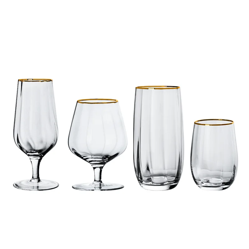 Creative Striped Crystal Wine Glass Gold Edged Prism Red Wine Goblet Hotel Transparent Brandy Glass