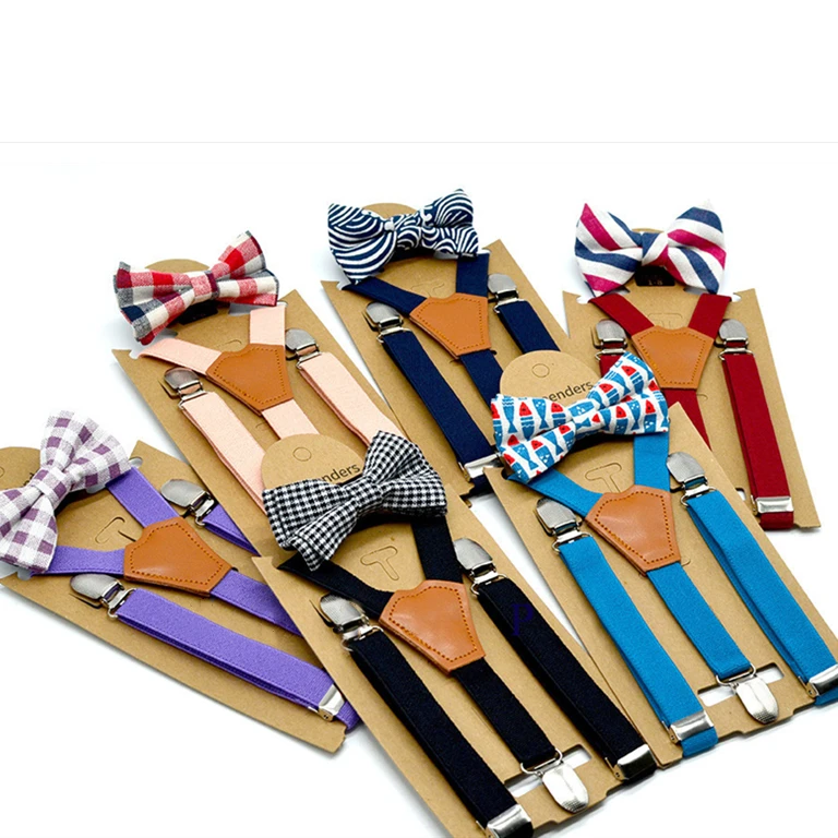 brand new boys girls children 3 metal clips Y shape solid color suspenders and  kids bowtie set