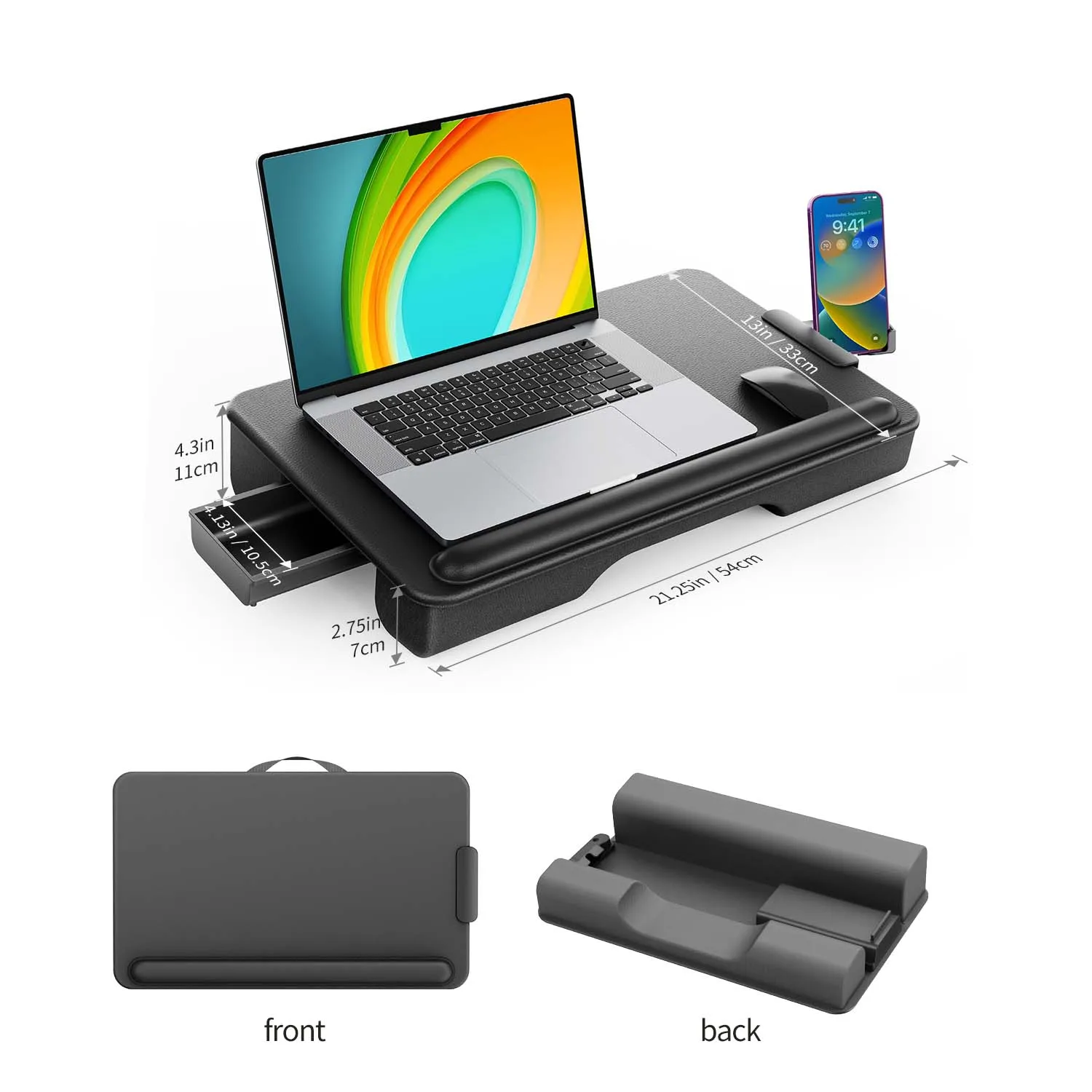 Lap Desk with Wrist Rest, Device Ledge, Drawer, Booster Cushion and Phone Holder - Black Carbon - Fits up to 17 Inch Laptops